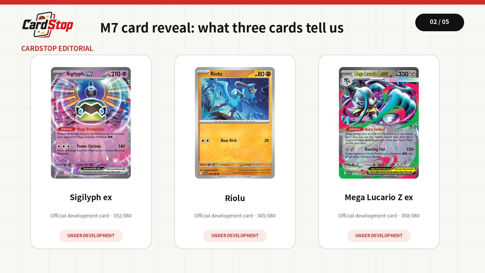 Official development cards for Sigilyph ex, Riolu and Mega Lucario Z ex