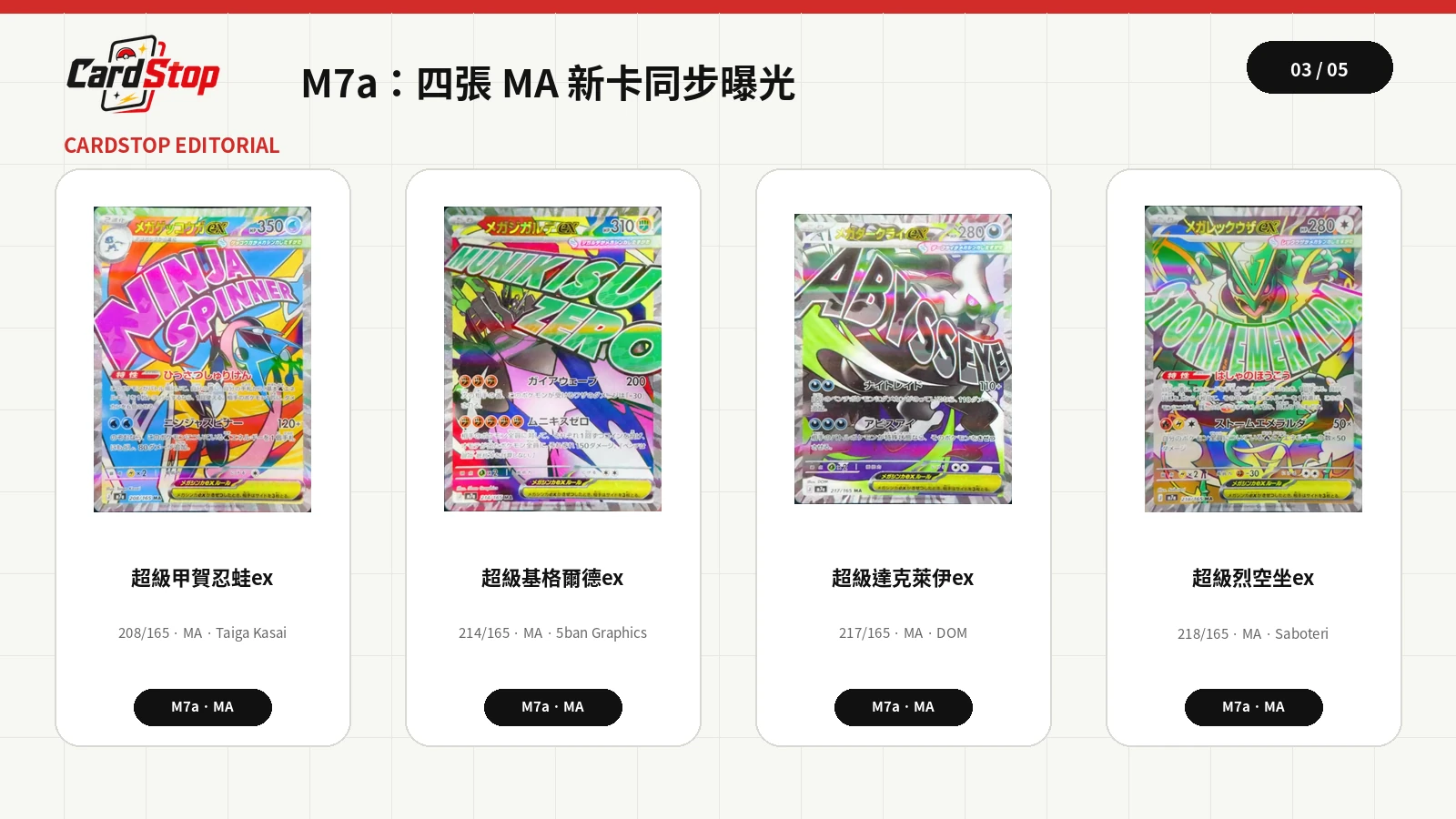超級甲賀忍蛙ex、超級基格爾德ex、超級達克萊伊ex與超級烈空坐ex四張M7a MA卡