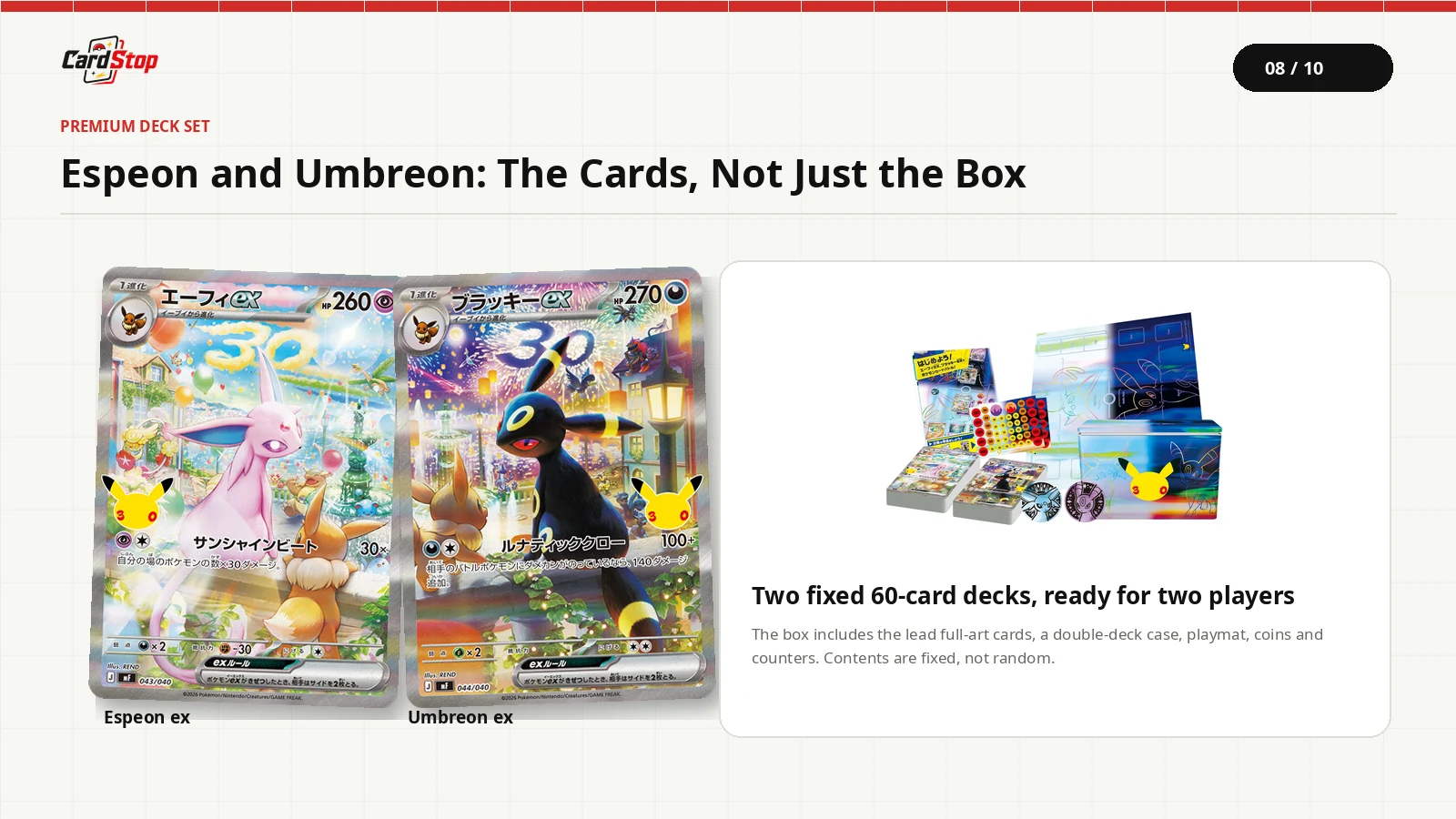 Full Espeon ex and Umbreon ex card fronts alongside the official Premium Deck Set contents.